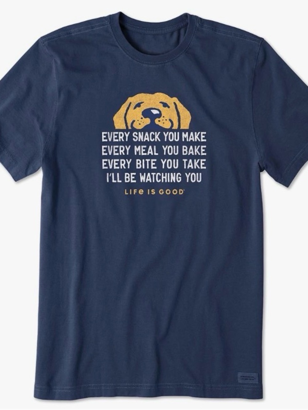 Life Is Good Navy T-Shirt with Yellow Dog Graphic and White Text
